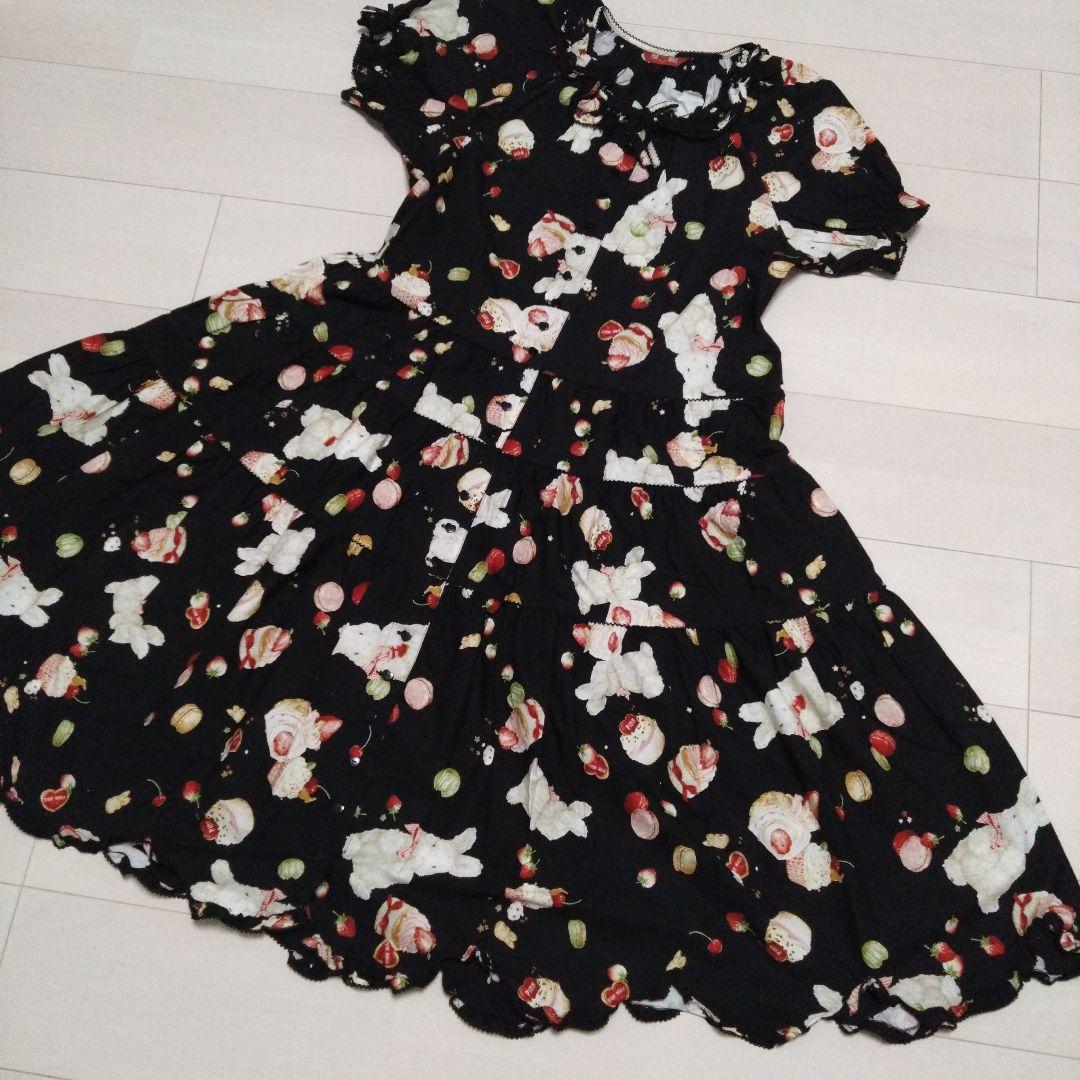 ピンクハウス シュガリースイーツラビットプリントミディワンピースブラック