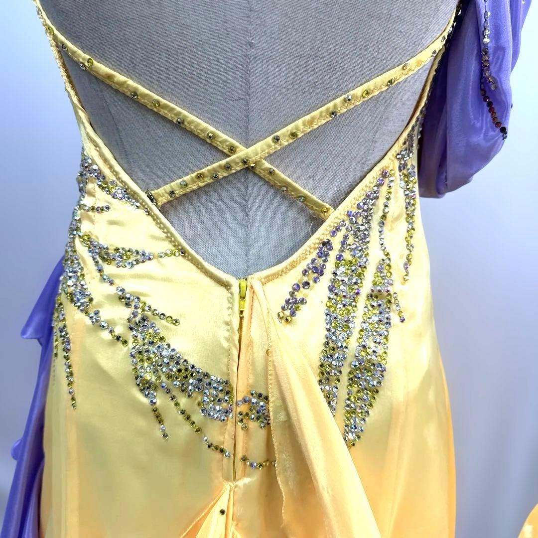 6338★ジャンティ★M 黄色 サテン スワロ スタンダード ドレス社交ダンス