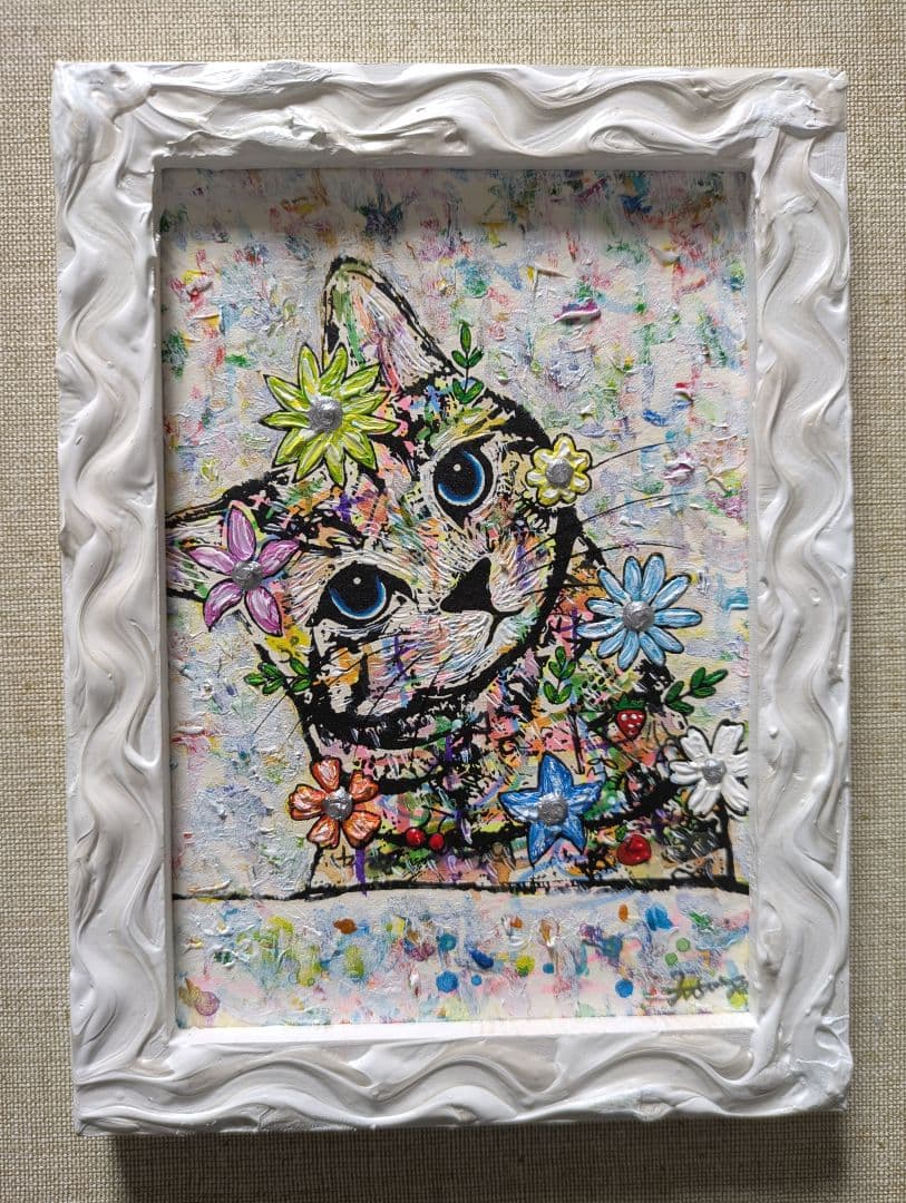 本日まで10000円→8000円手作り額付き作品　「星に願いをニャンコ」