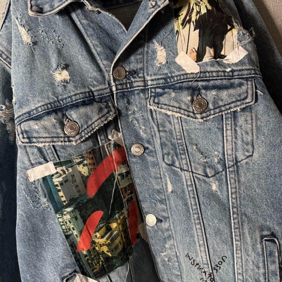 超個性的★ZARA ザラ デニムジャケット アートデザイン ダメージ加工 M 青
