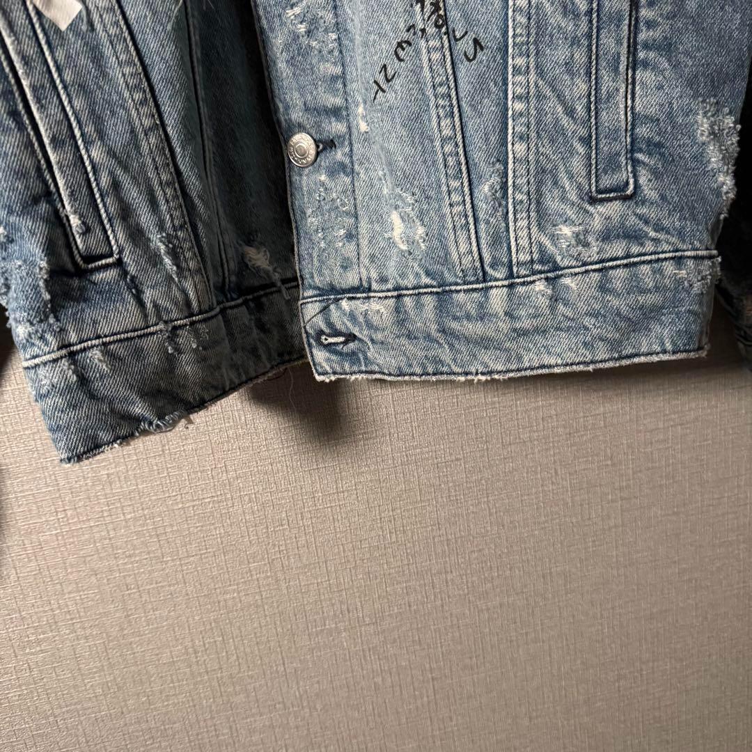超個性的★ZARA ザラ デニムジャケット アートデザイン ダメージ加工 M 青