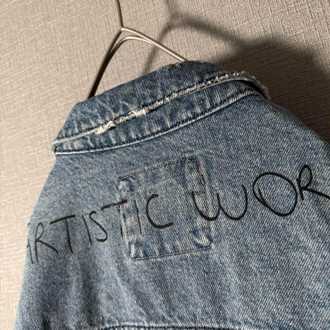 超個性的★ZARA ザラ デニムジャケット アートデザイン ダメージ加工 M 青