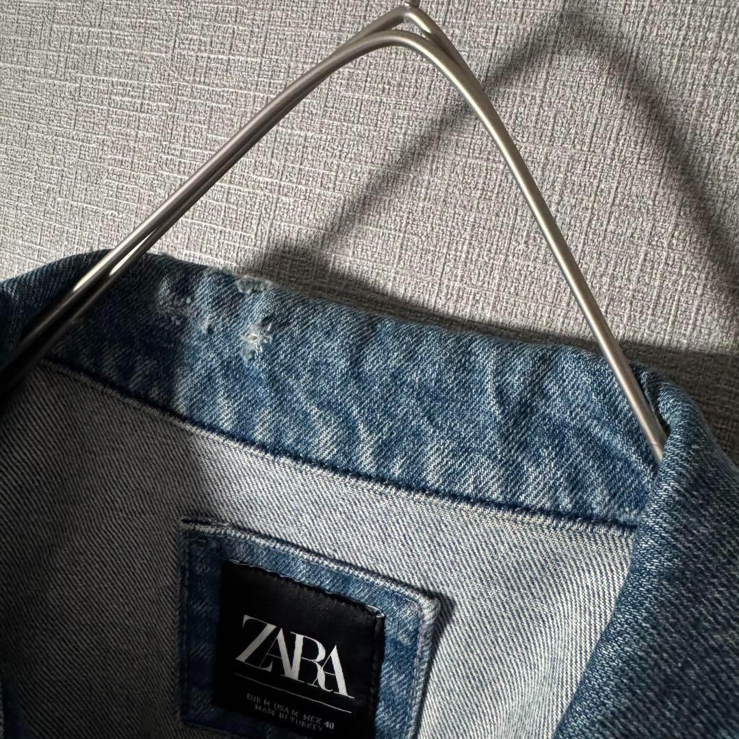 超個性的★ZARA ザラ デニムジャケット アートデザイン ダメージ加工 M 青