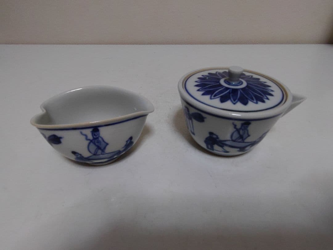 高野昭阿弥 青華唐子人物図 煎茶器 宝瓶 湯冷 煎茶碗五客 煎茶道具 共箱