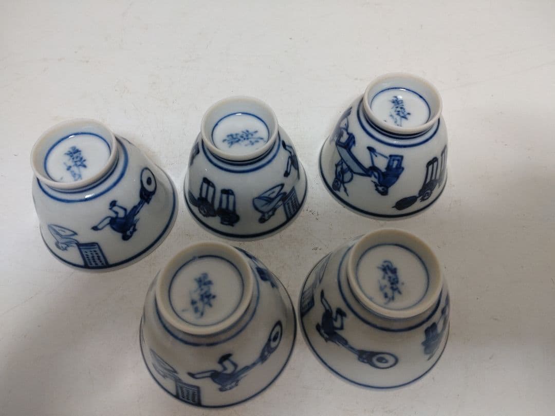 高野昭阿弥 青華唐子人物図 煎茶器 宝瓶 湯冷 煎茶碗五客 煎茶道具 共箱