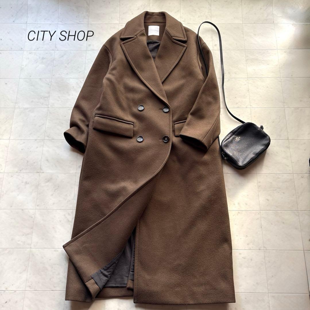 シティショップ ダブルメルトンコート マキシ丈 ブラウン 茶 ウールコート 36