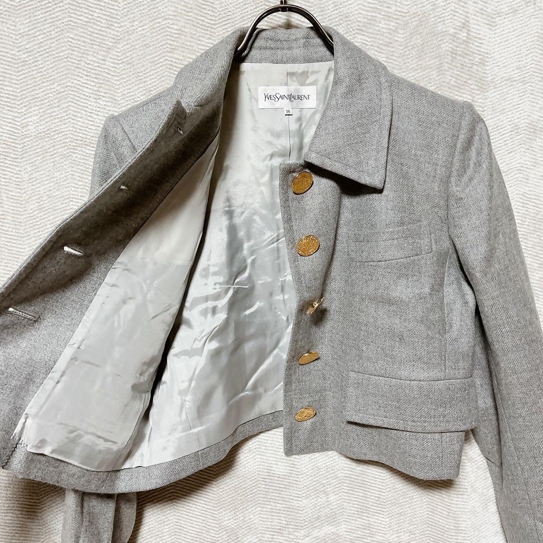 イヴサンローラン ウールジャケット 36 グレー 金ボタン フランス製