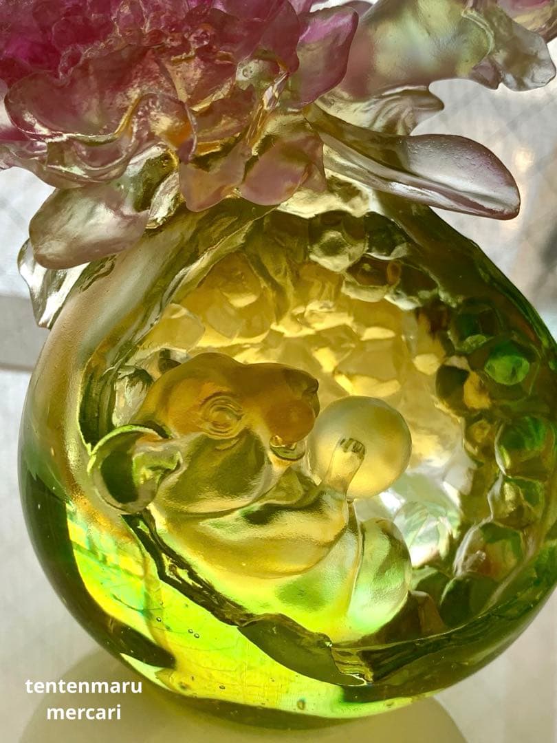 リ*ー様 琉璃工房 ☆ ガラスオブジェ ☆ ネズミとお花モチーフ ☆ 美品