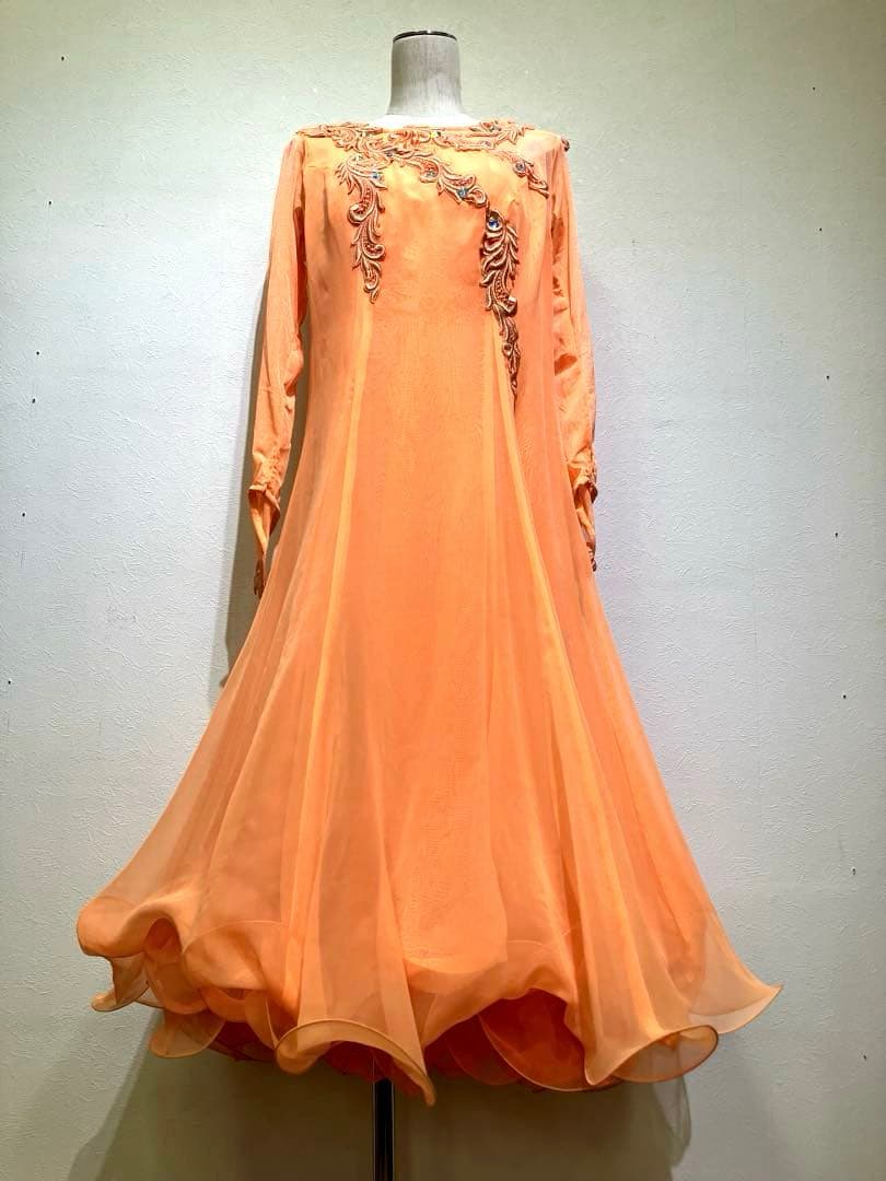 社交ダンス　スタンダードドレス　モダンドレス　オレンジ　スパンコール　刺繍