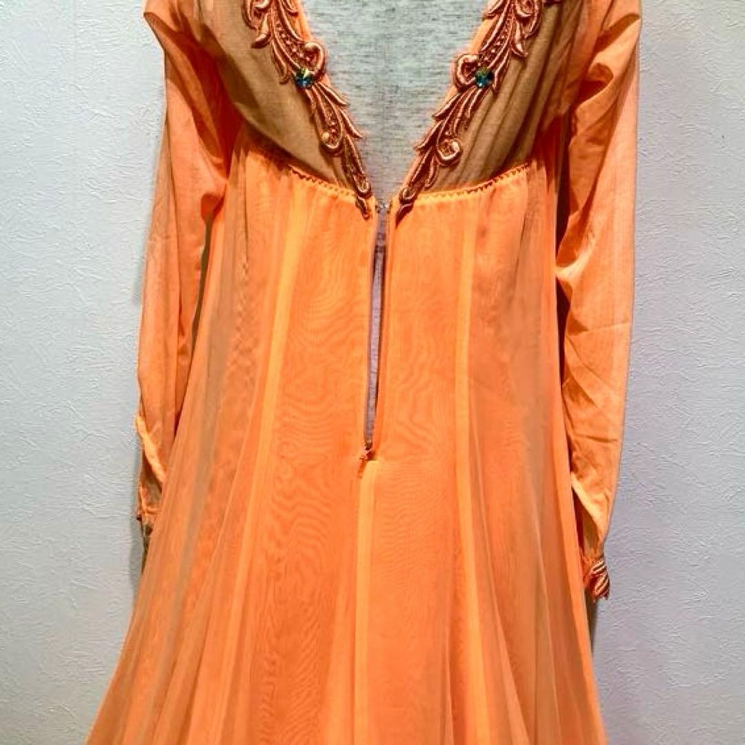 社交ダンス　スタンダードドレス　モダンドレス　オレンジ　スパンコール　刺繍
