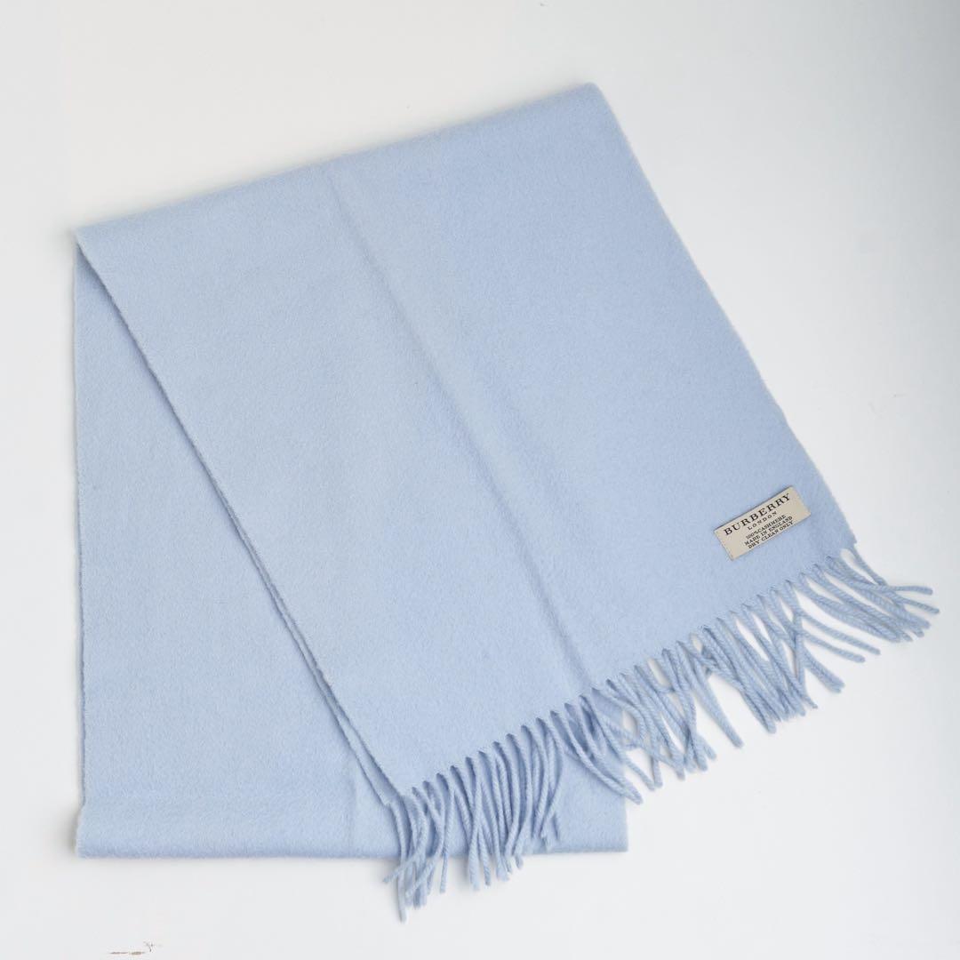 【希少】BURBERRY カシミヤ マフラー ライトブルー 刺繍 英国製　お得‼️