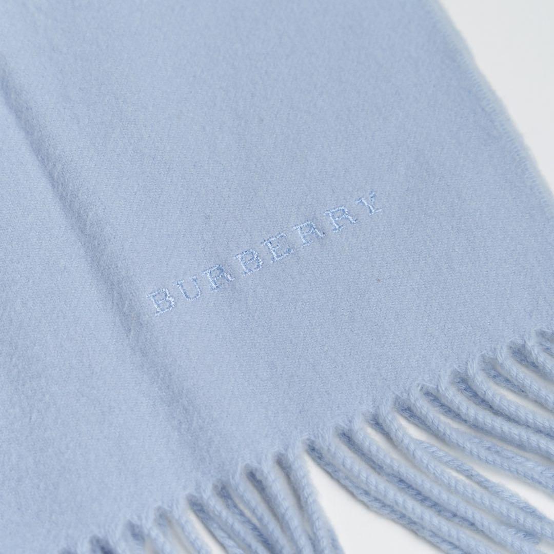【希少】BURBERRY カシミヤ マフラー ライトブルー 刺繍 英国製　お得‼️
