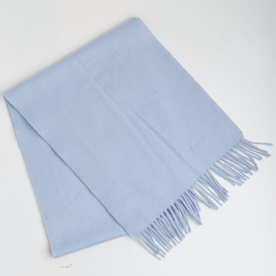 【希少】BURBERRY カシミヤ マフラー ライトブルー 刺繍 英国製　お得‼️