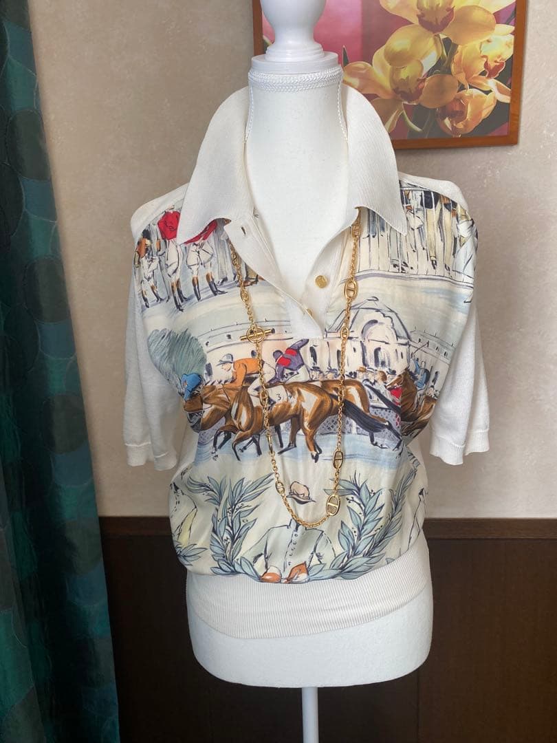 美品 エルメスHERMÈS シャンティイ CHANTILLY競馬場 シルクシャツ