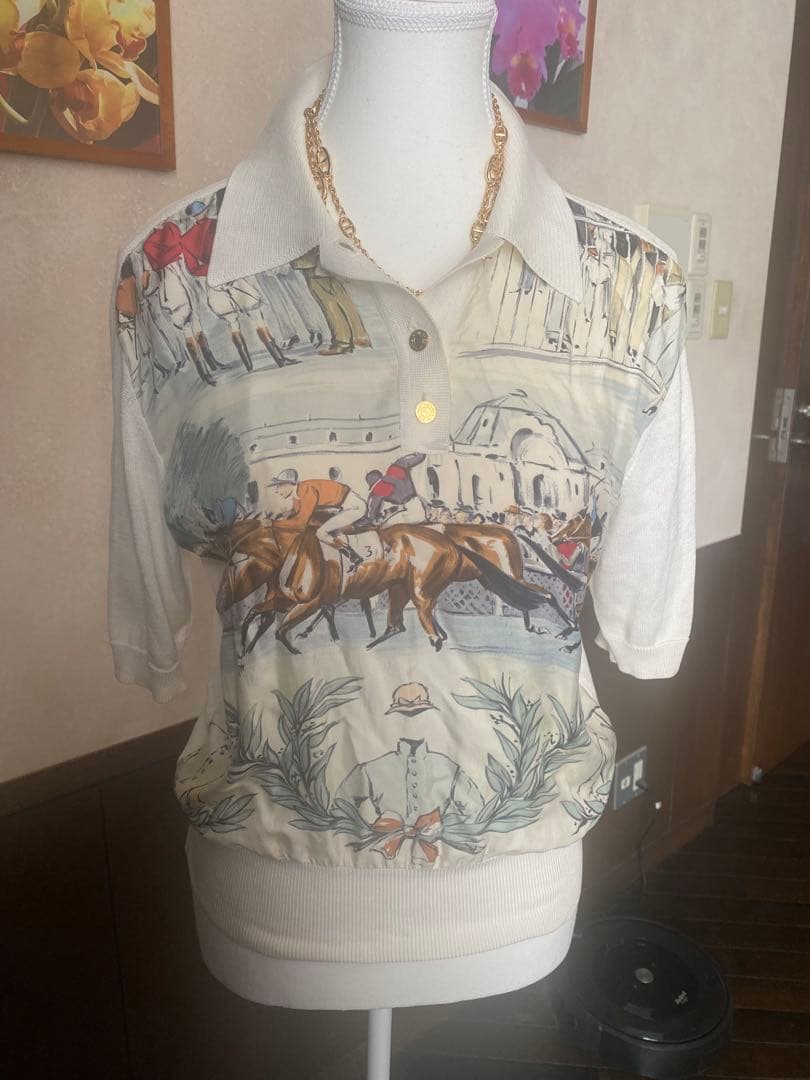 美品 エルメスHERMÈS シャンティイ CHANTILLY競馬場 シルクシャツ