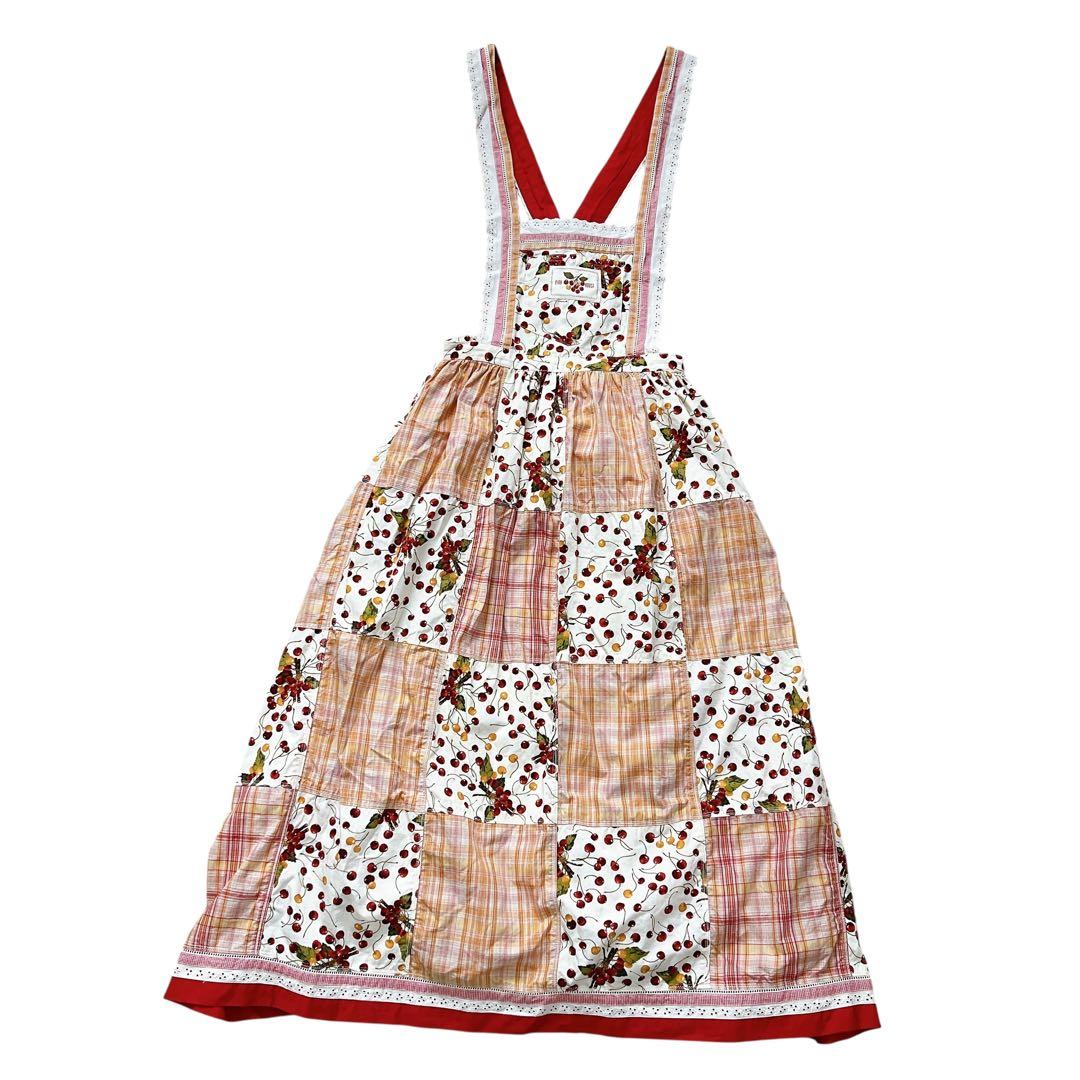PINK HOUSE　チェリー柄　チェック柄　パッチワーク　エプロンスカート