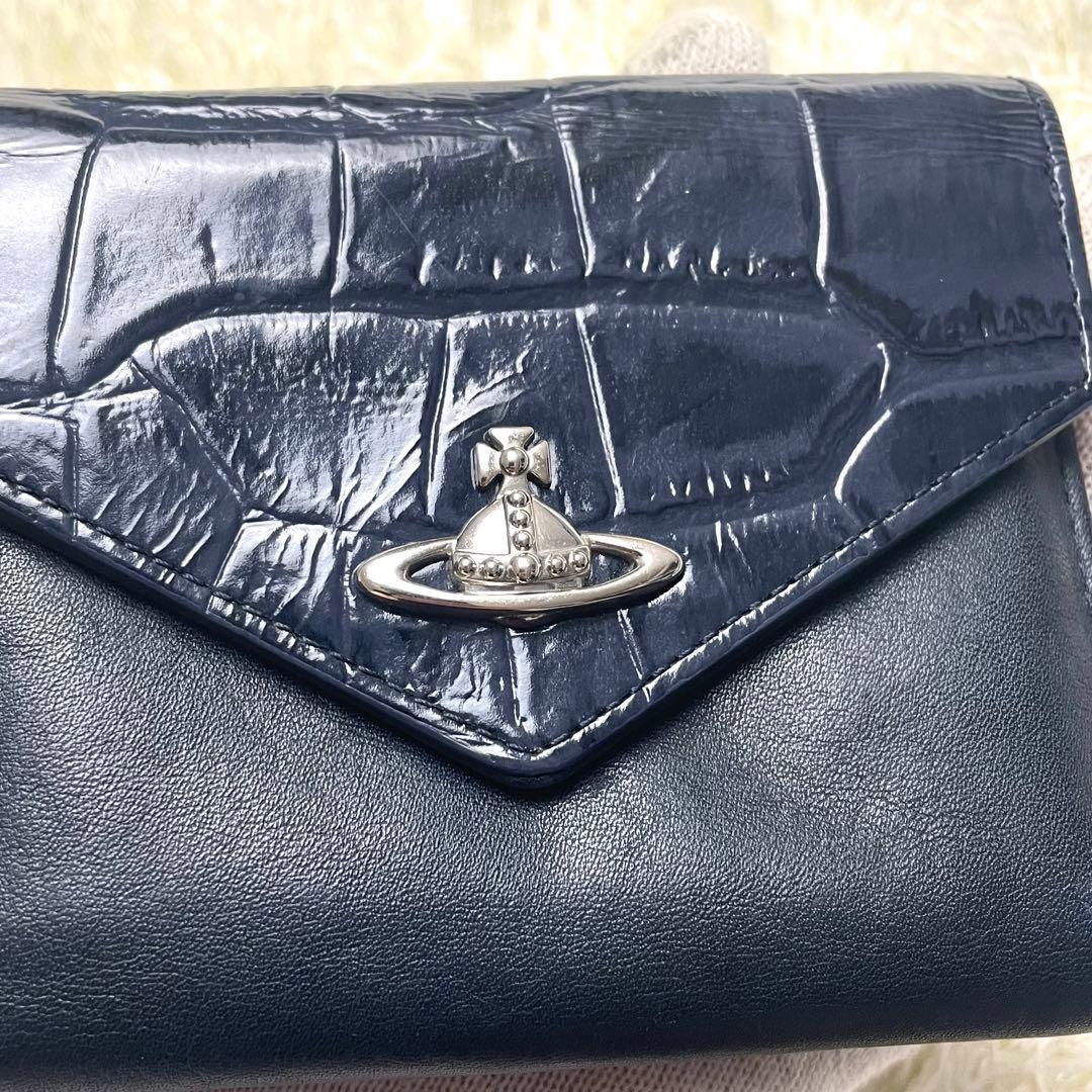 ヴィヴィアンウエストウッド 三つ折り財布 クロコ型押し ネイビー