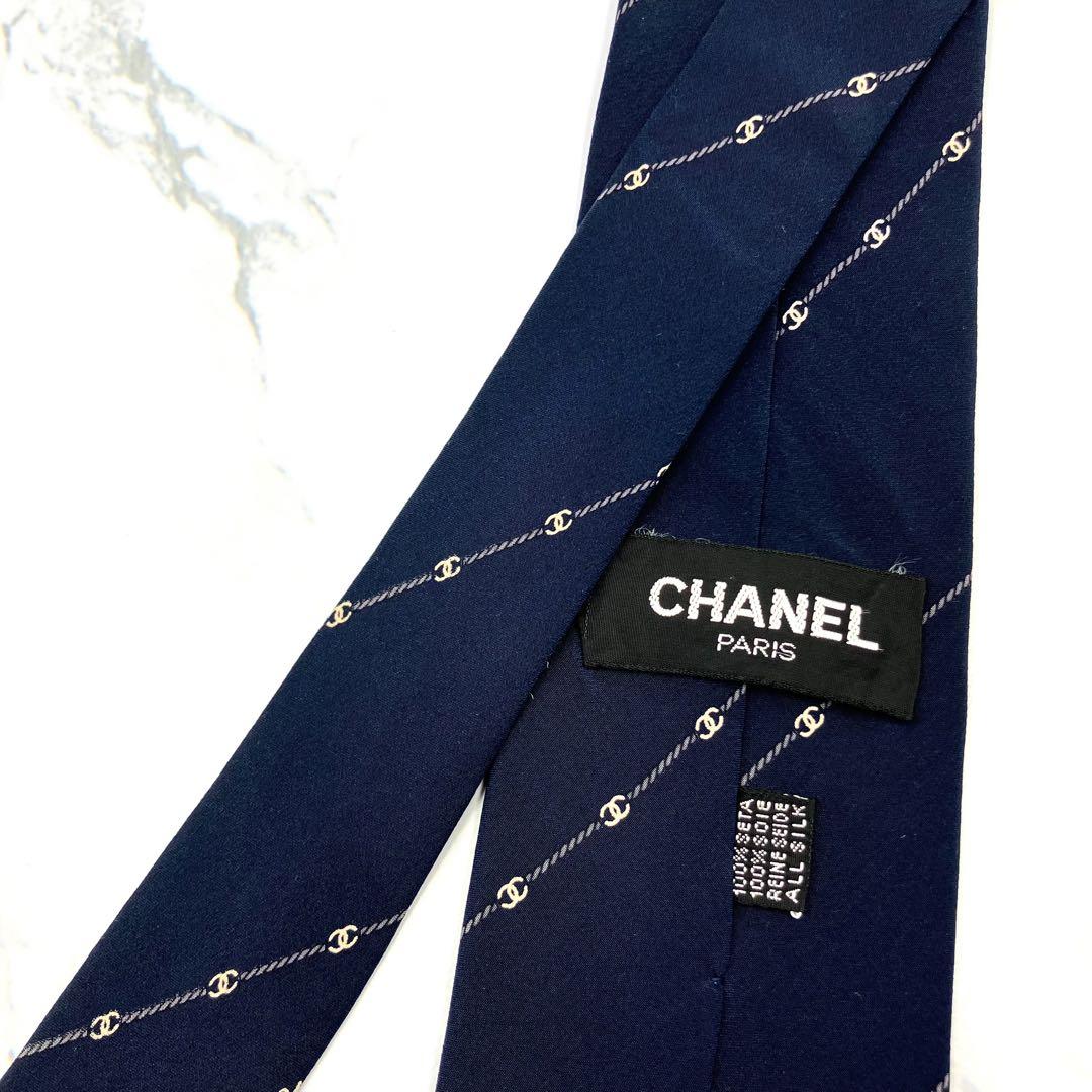 ◆美品◆CHANEL ネクタイ 紺色 ストライプ柄 ココマーク 希少