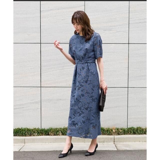 【試着のみ】AIMERエメ ジャカードレース袖付きタイトミモレ丈パーティドレス