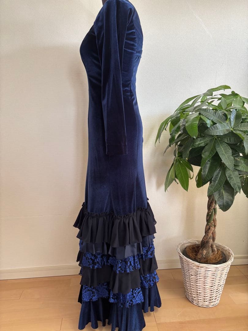 フラメンコ衣装　ワンピース　ベロア　ネイビー　ハンドメイド