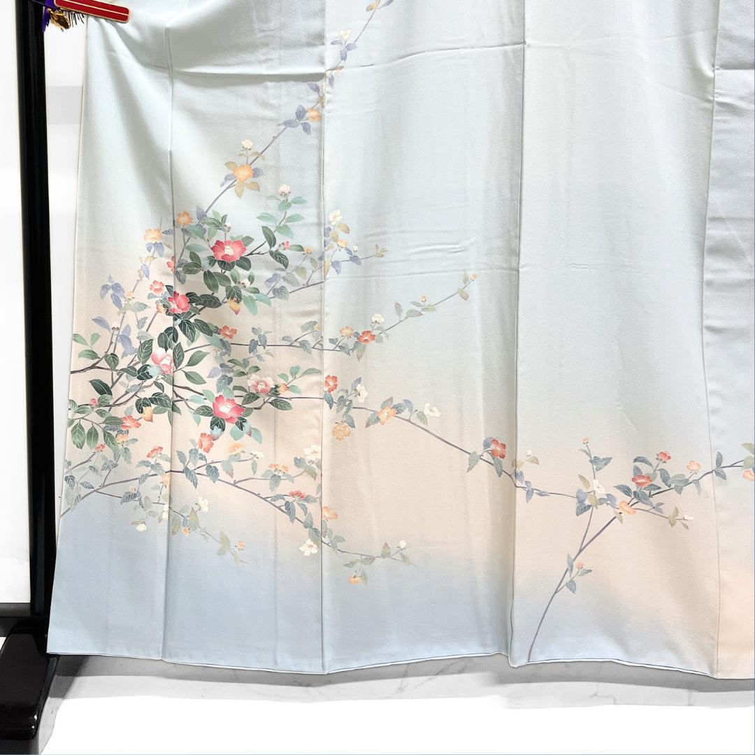 作家もの　訪問着　京加賀友禅　椿　ライトブルー　紋無し　着物　124b d ms