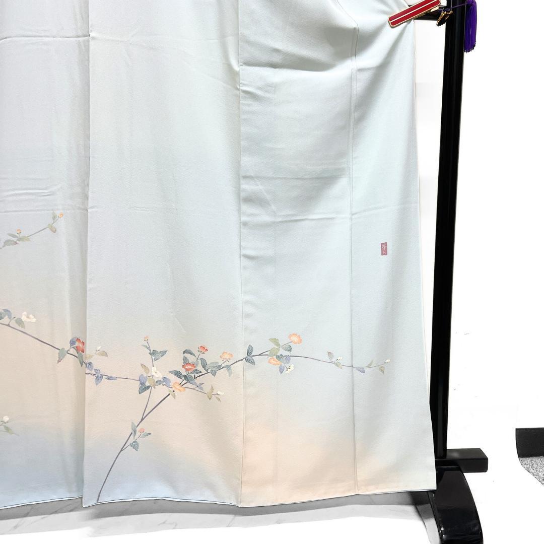 作家もの　訪問着　京加賀友禅　椿　ライトブルー　紋無し　着物　124b d ms