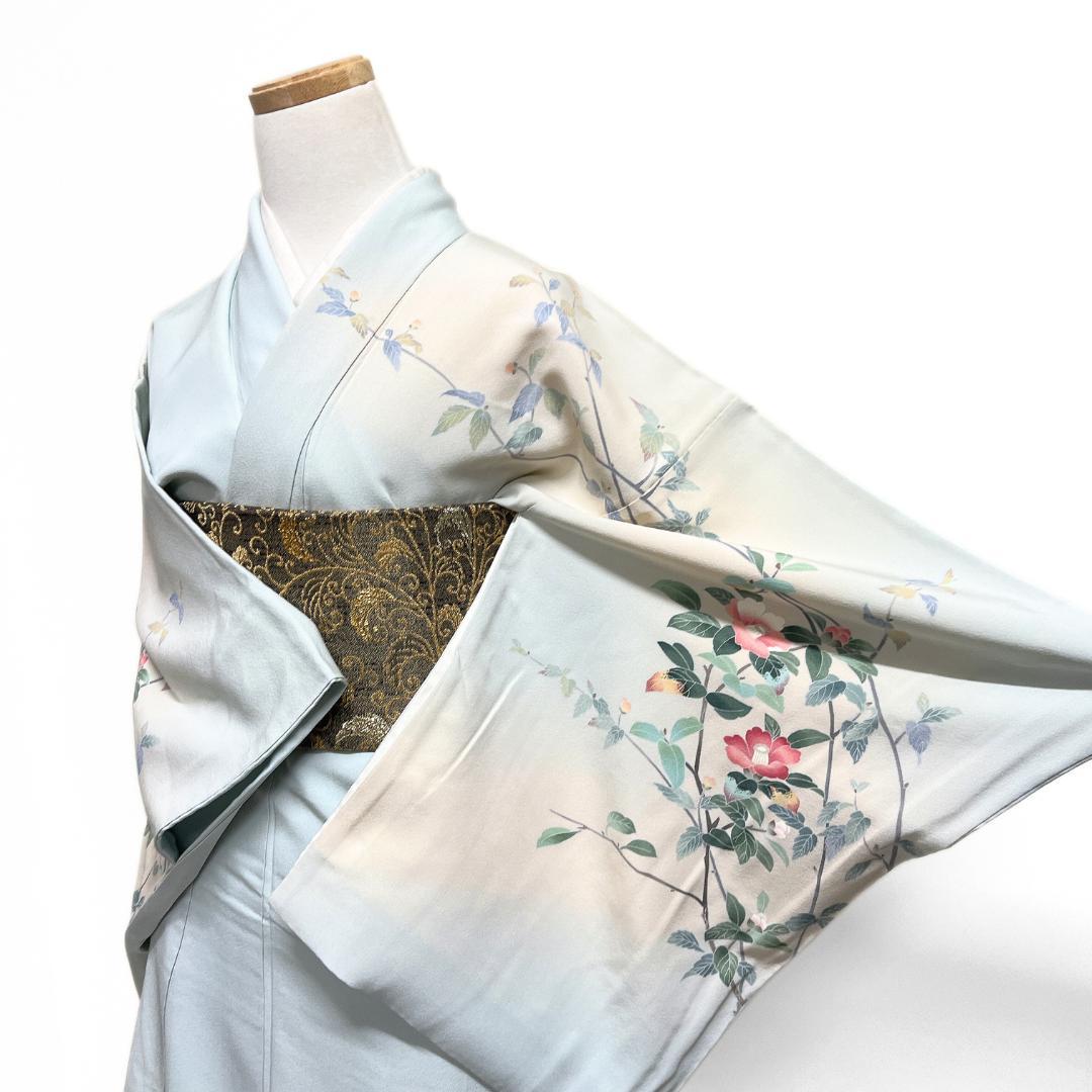 作家もの　訪問着　京加賀友禅　椿　ライトブルー　紋無し　着物　124b d ms