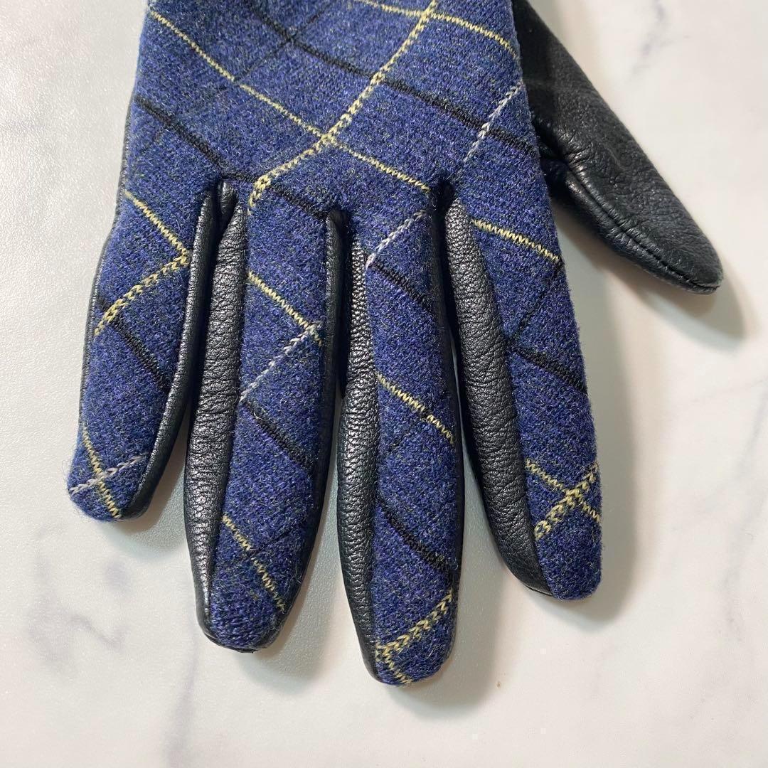 【美品】ヴィヴィアンウエストウッド　手袋　オーブ　チェック柄　レザー　ウール　青