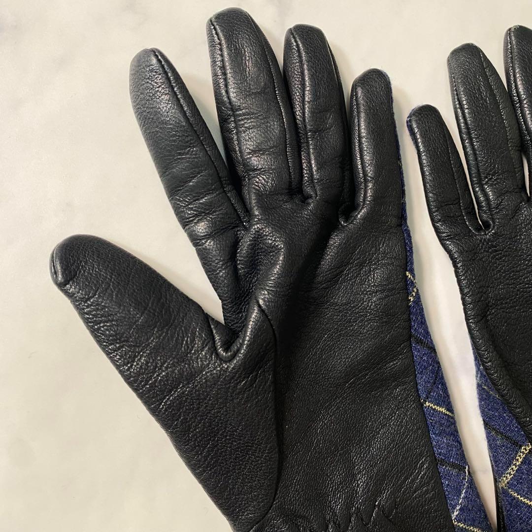 【美品】ヴィヴィアンウエストウッド　手袋　オーブ　チェック柄　レザー　ウール　青