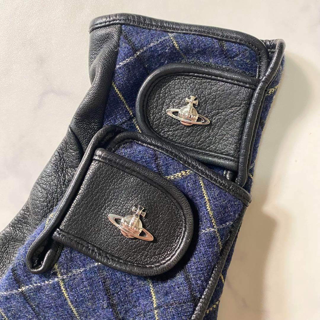 【美品】ヴィヴィアンウエストウッド　手袋　オーブ　チェック柄　レザー　ウール　青