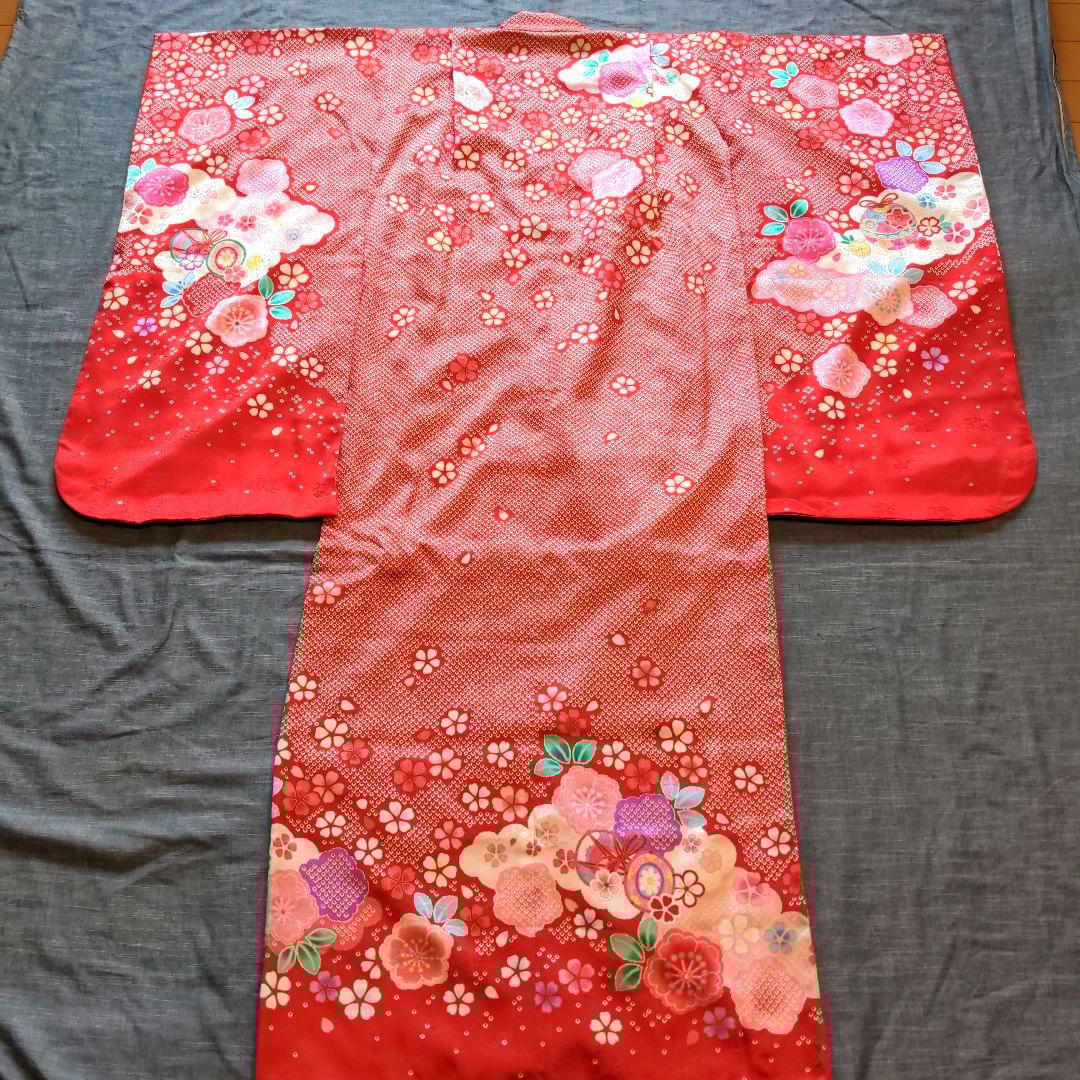 七五三　着物　7歳　正絹　フルセット　赤　絞り柄