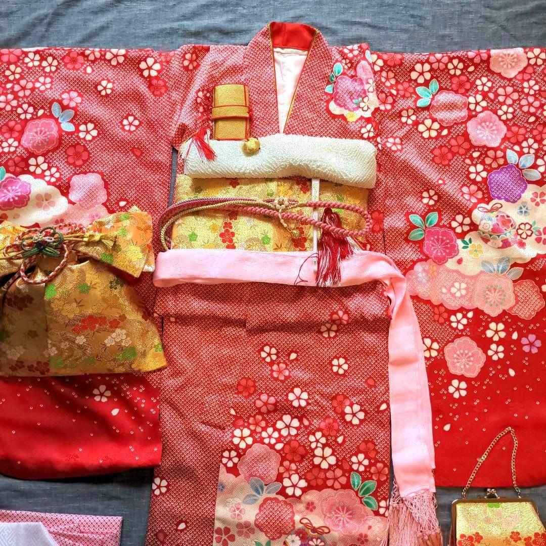 七五三　着物　7歳　正絹　フルセット　赤　絞り柄