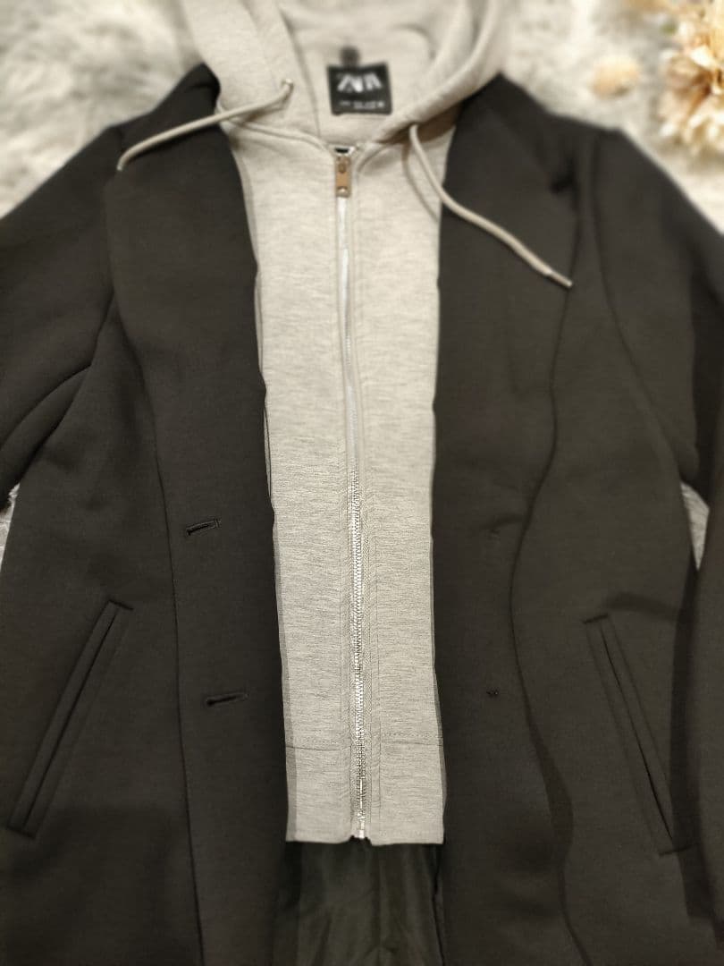 美品　ZARA デタッチャブルフード コントラストコート M ロング フード付