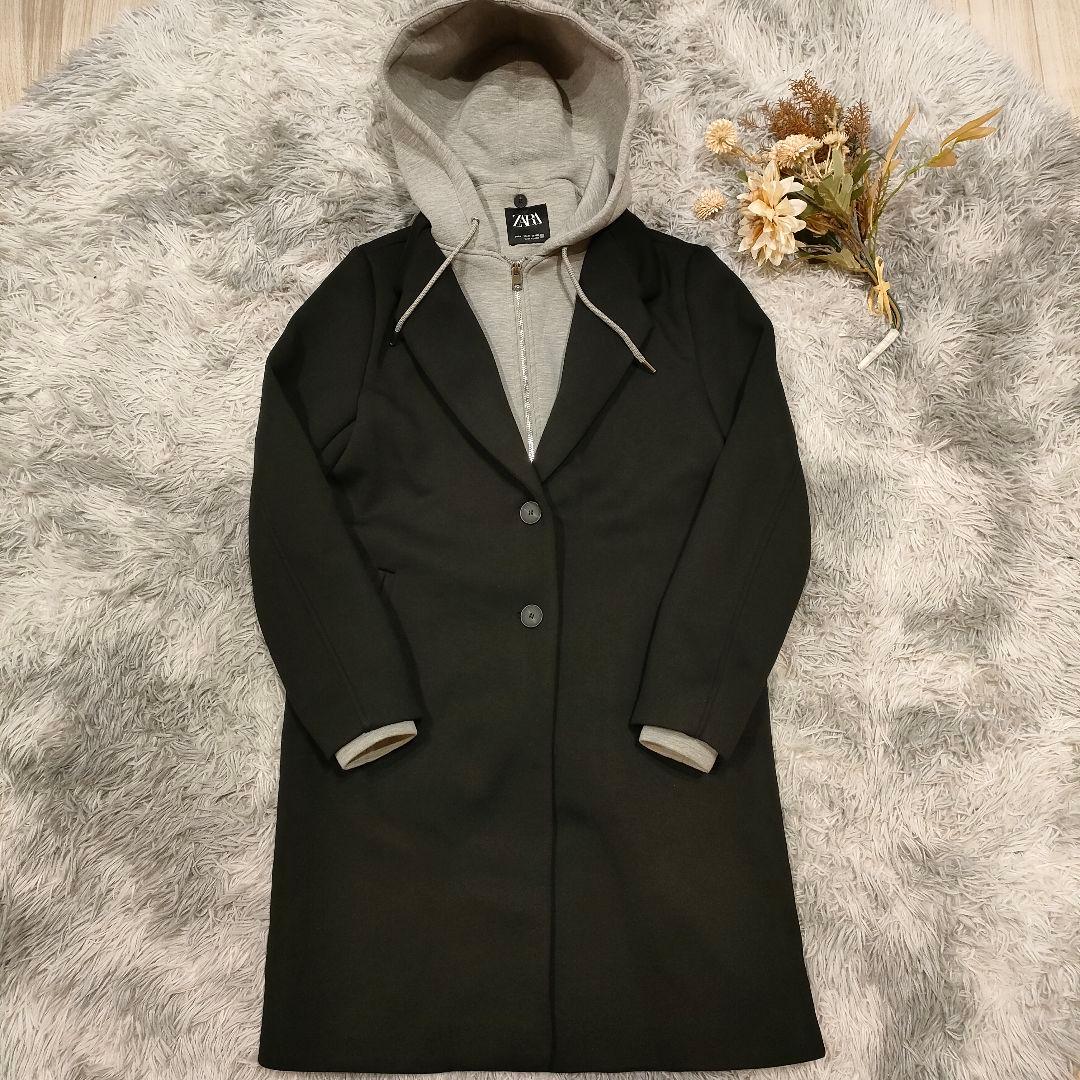 美品　ZARA デタッチャブルフード コントラストコート M ロング フード付
