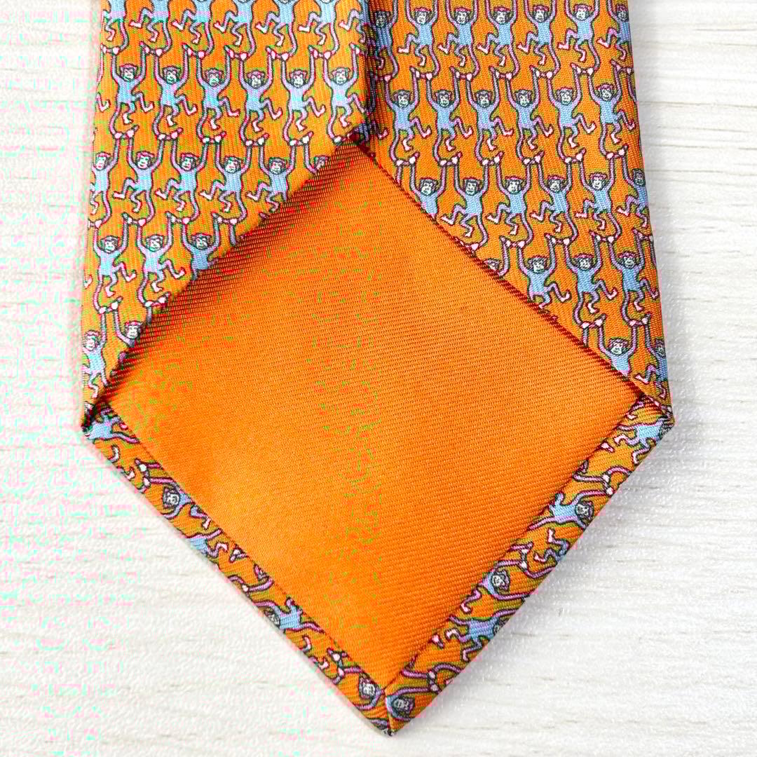 HERMES エルメス オレンジ かわいい 遊び心 動物柄 シルクネクタイ