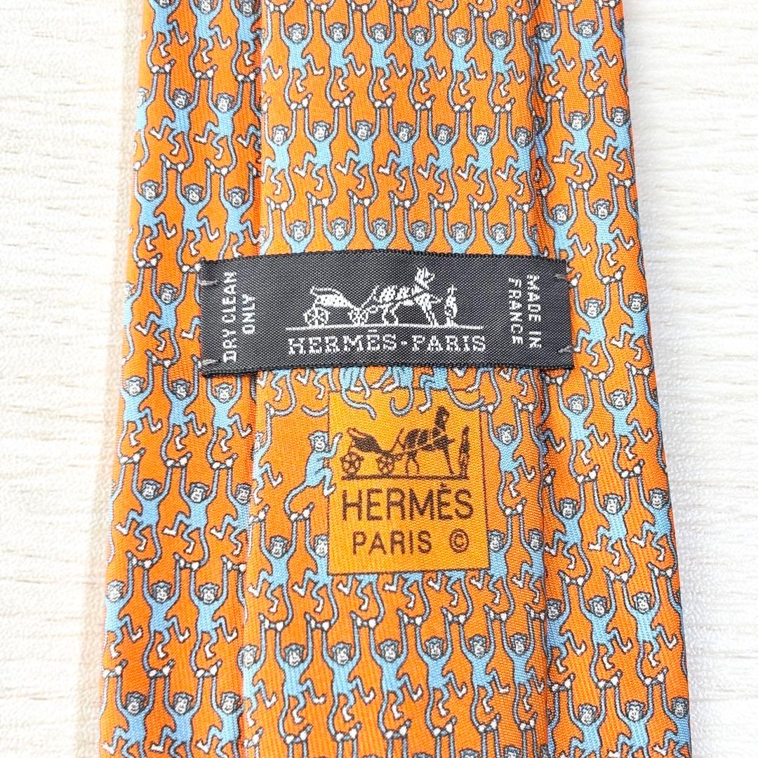HERMES エルメス オレンジ かわいい 遊び心 動物柄 シルクネクタイ