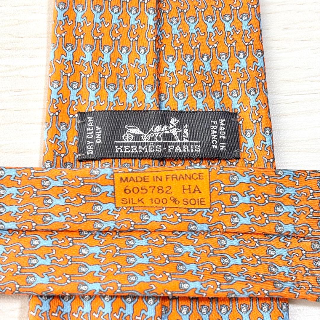 HERMES エルメス オレンジ かわいい 遊び心 動物柄 シルクネクタイ