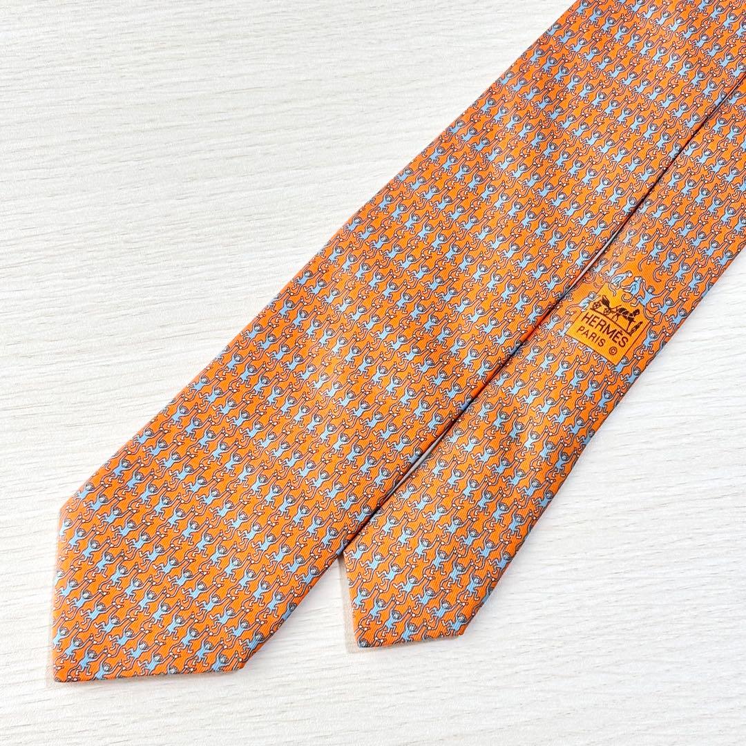HERMES エルメス オレンジ かわいい 遊び心 動物柄 シルクネクタイ