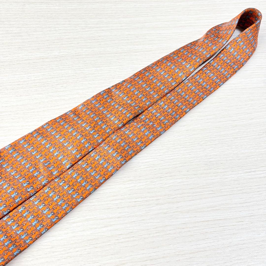 HERMES エルメス オレンジ かわいい 遊び心 動物柄 シルクネクタイ