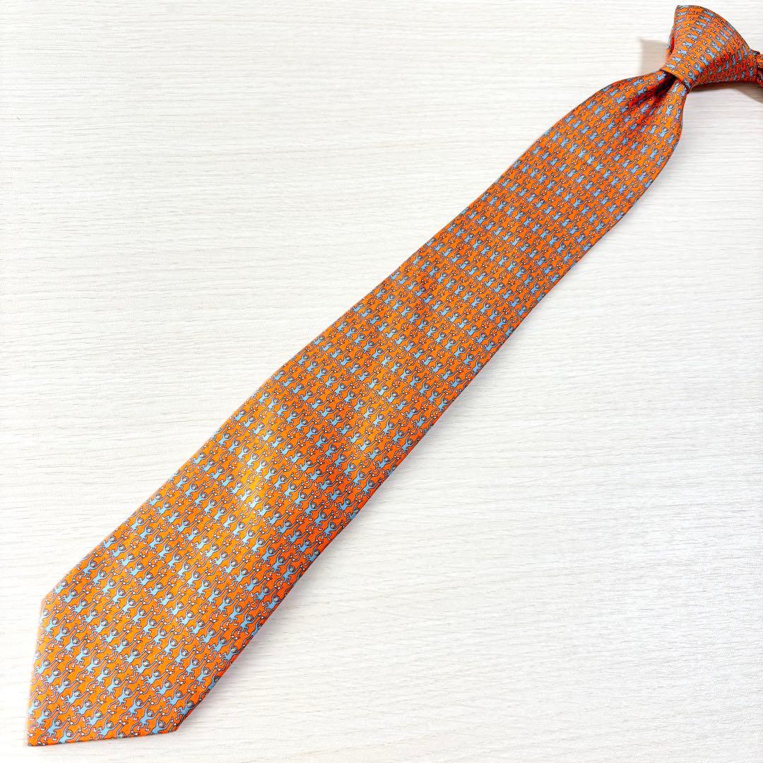 HERMES エルメス オレンジ かわいい 遊び心 動物柄 シルクネクタイ