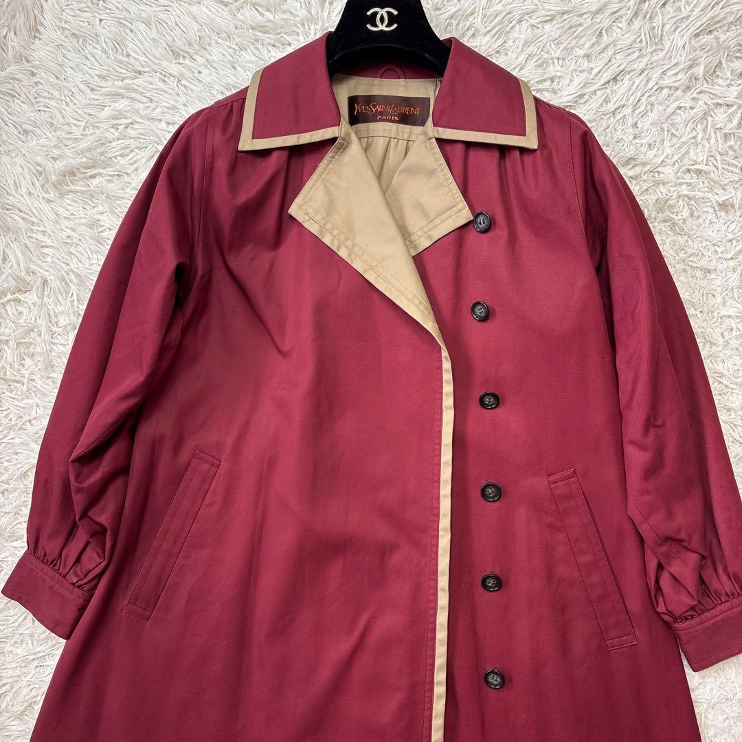 希少☆美品【イヴサンローラン】バイカラー　ワインレッド×ベージュ　ロングコート