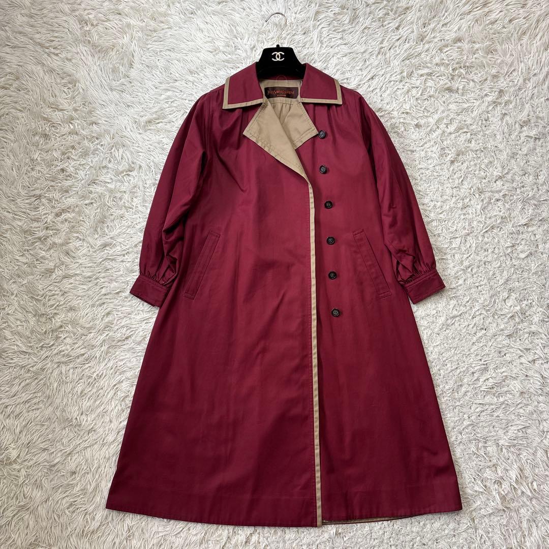 希少☆美品【イヴサンローラン】バイカラー　ワインレッド×ベージュ　ロングコート