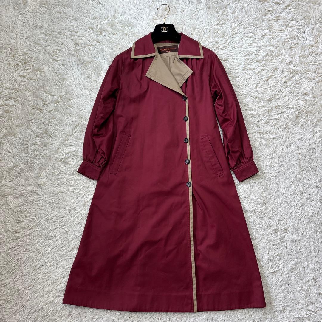 希少☆美品【イヴサンローラン】バイカラー　ワインレッド×ベージュ　ロングコート