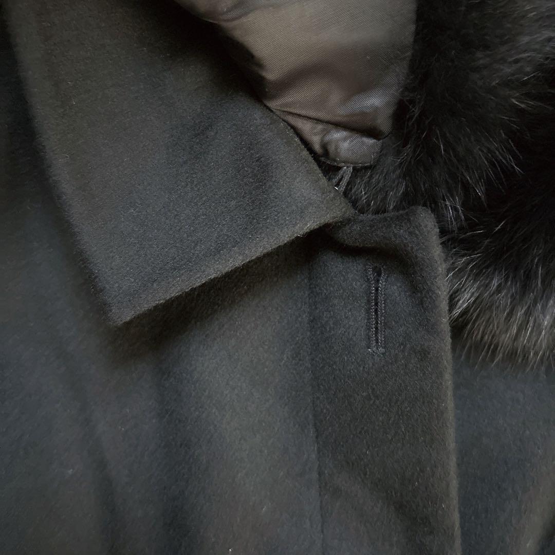 Emohariotカシミヤ100%フォックスファーロングコート黒ブラックりぼんM