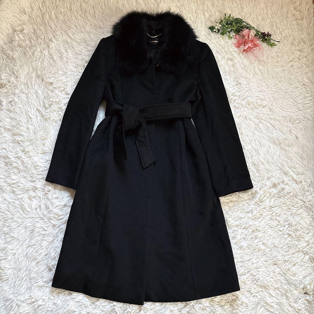 Emohariotカシミヤ100%フォックスファーロングコート黒ブラックりぼんM