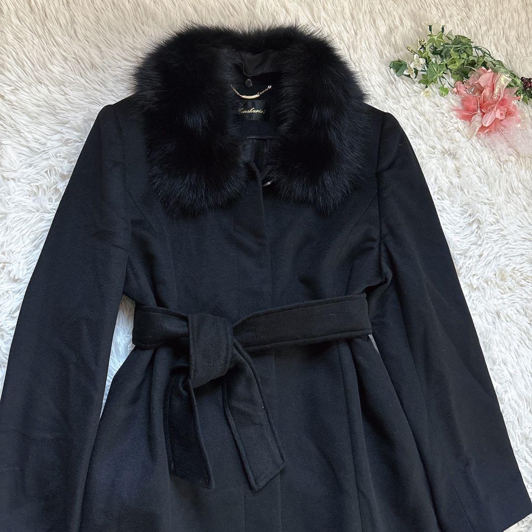 Emohariotカシミヤ100%フォックスファーロングコート黒ブラックりぼんM