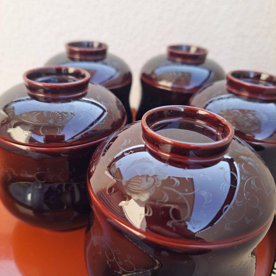 【輪島塗　五島屋謹製　小吸物椀×5客】布着本堅地　沈黒　西村国峰作　 共箱なし