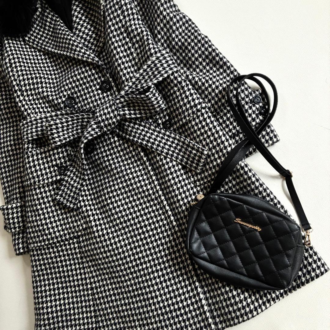 ◆上質◆大きいサイズ◆ブルーフォックス◆ロングウールコート◆千鳥格子◆白黒◆LL