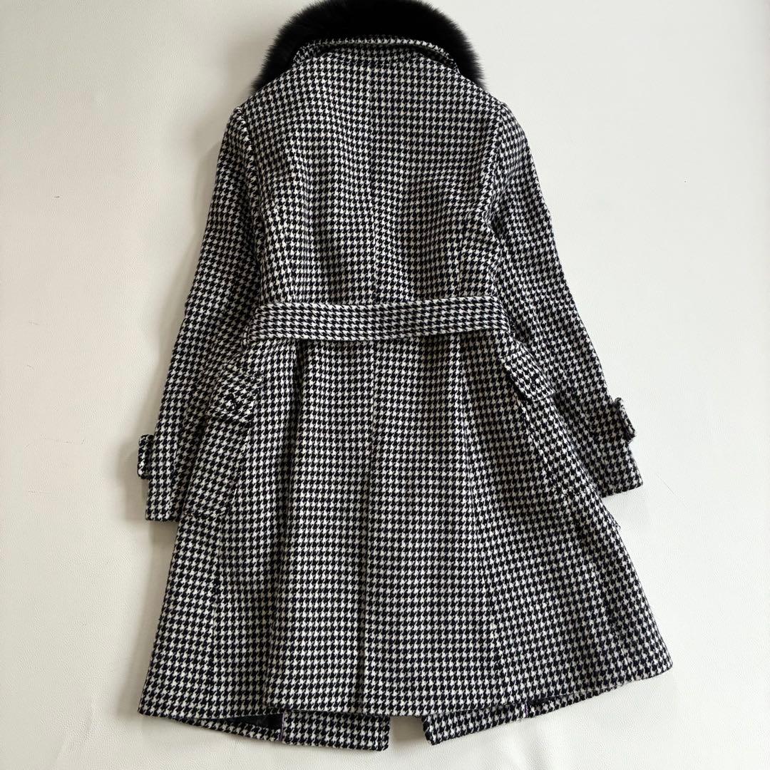 ◆上質◆大きいサイズ◆ブルーフォックス◆ロングウールコート◆千鳥格子◆白黒◆LL