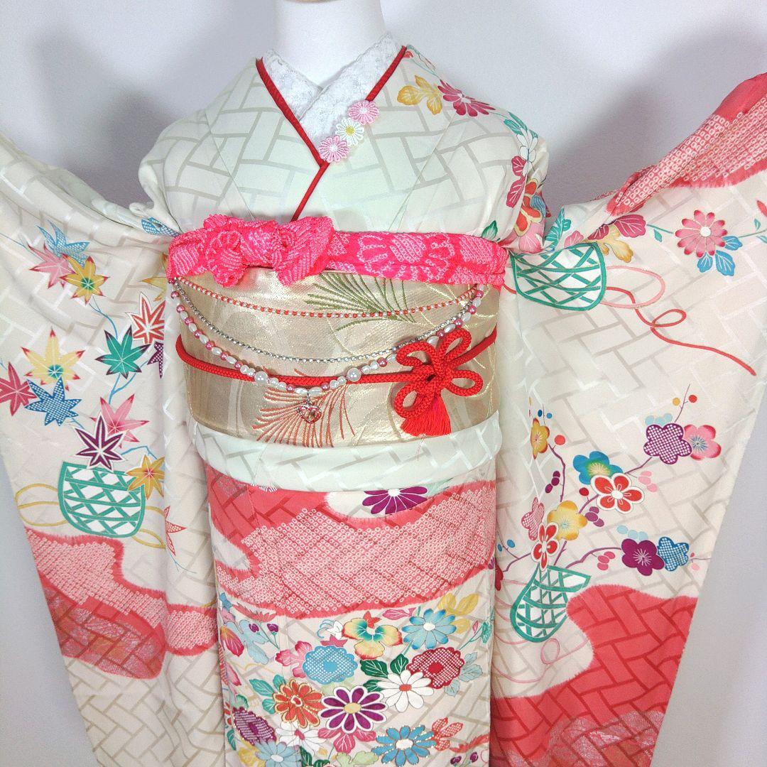 格安！！　振袖フルセット　10点　成人式　結婚式　前撮り　白　ホワイト　絞り　赤